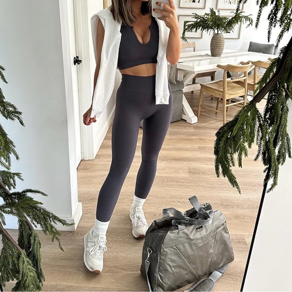 2 Piece Ribbed Seamless Crop Tank High Waist Yoga Leggings Set